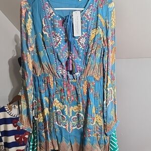 Soft Surroundings Teal Blue Floral Paisley Embroidered Maxi Dress